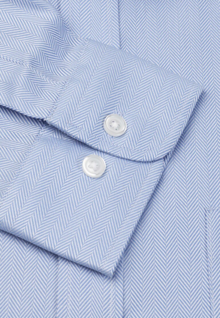 Regular Fit Single Cuff Blue Herringbone Cotton Shirt - Two Sleeve Lengths Available