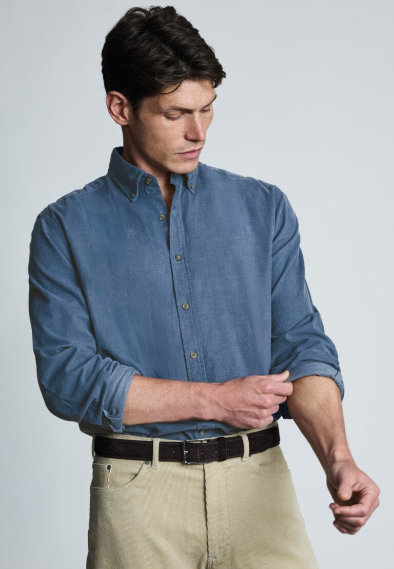 Regular Fit Air Force Blue Cotton Needlecord Shirt