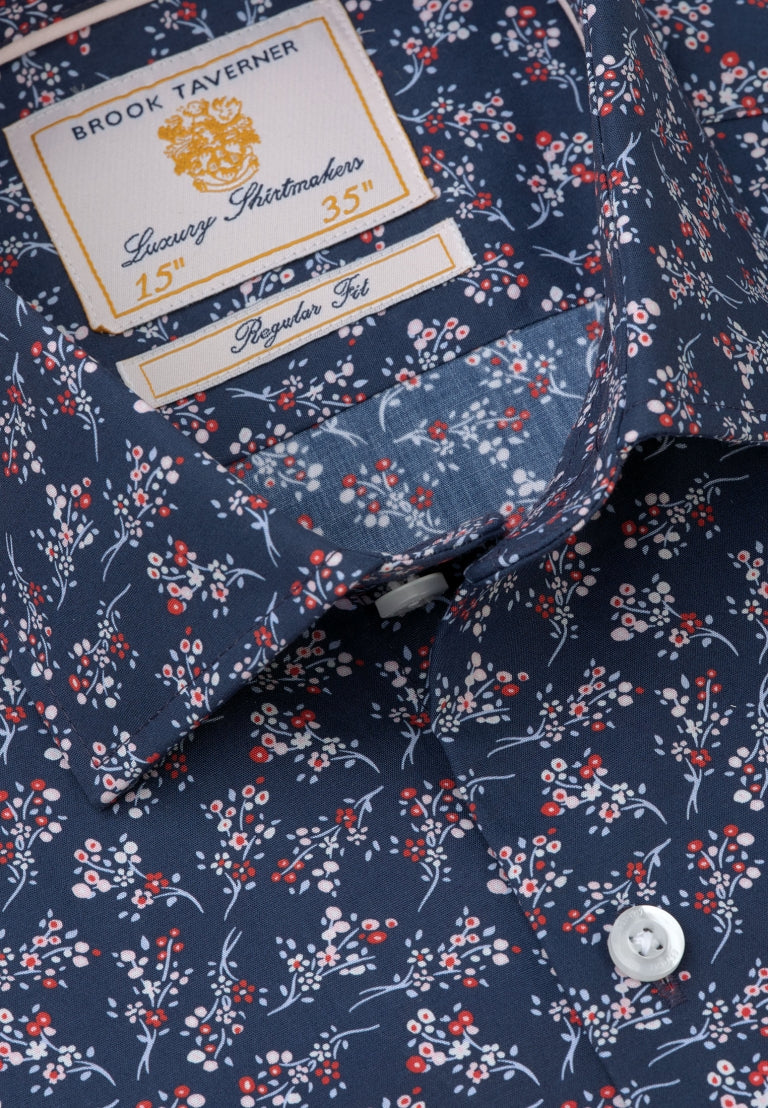 Regular Fit Navy Floral Print Cotton Shirt