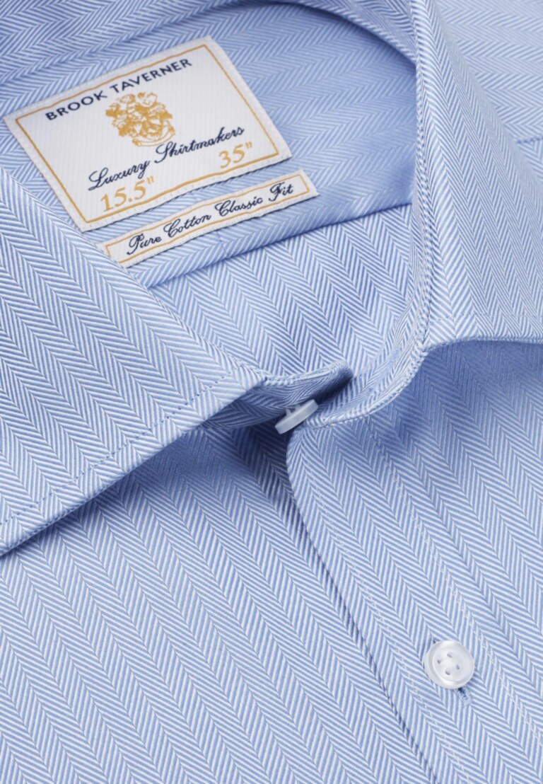 Regular Fit Single Cuff Blue Herringbone Cotton Shirt - Two Sleeve Lengths Available