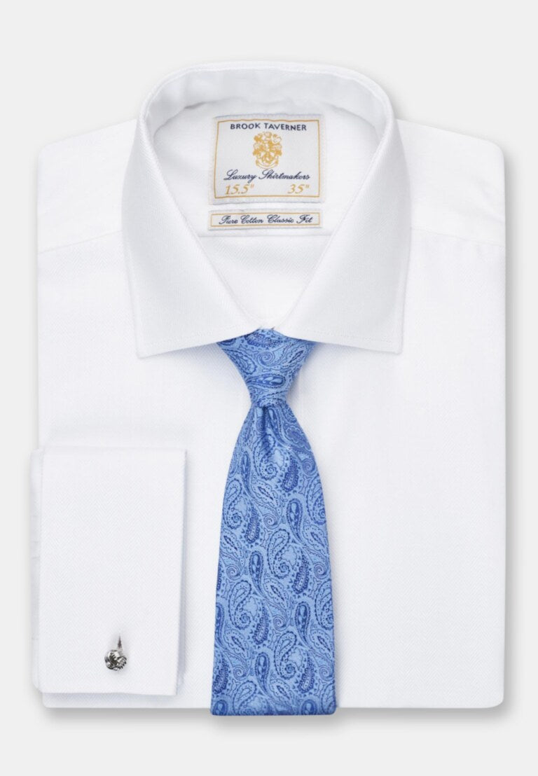 Regular Fit Single Cuff Blue Herringbone Cotton Shirt - Two Sleeve Lengths Available