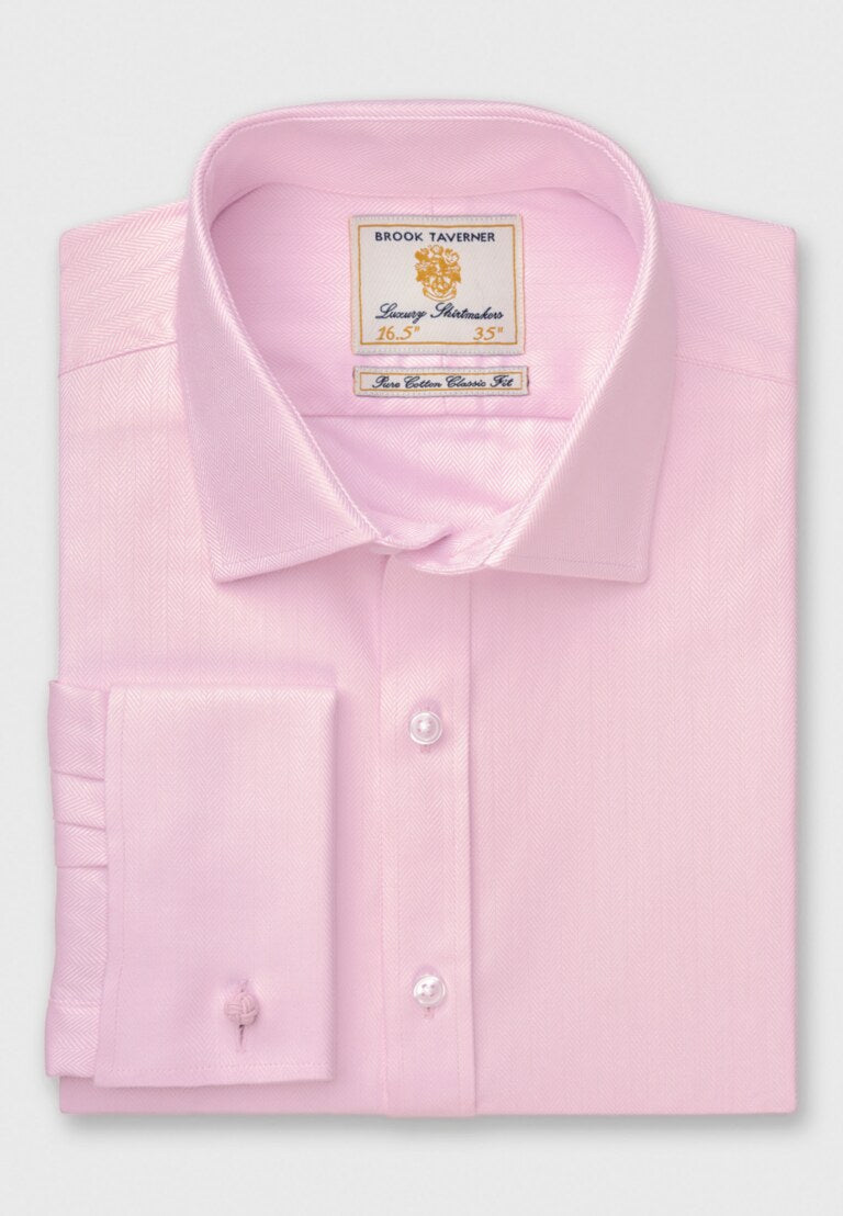 Regular Fit Single Cuff Blue Herringbone Cotton Shirt - Two Sleeve Lengths Available