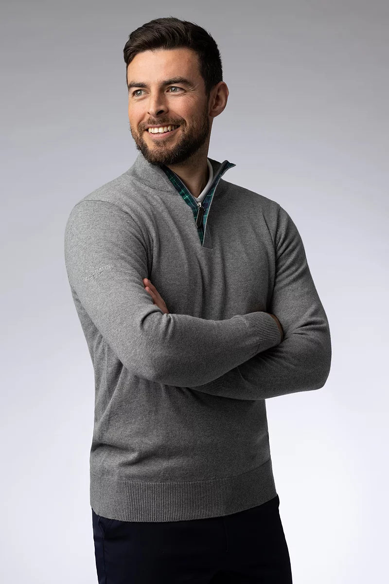 Mens George Quarter Zip Tartan Placket Touch of Cashmere Lightweight Golf Sweater