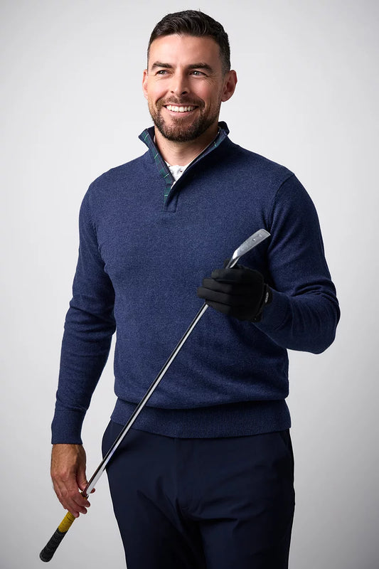 Mens George Quarter Zip Tartan Placket Touch of Cashmere Lightweight Golf Sweater