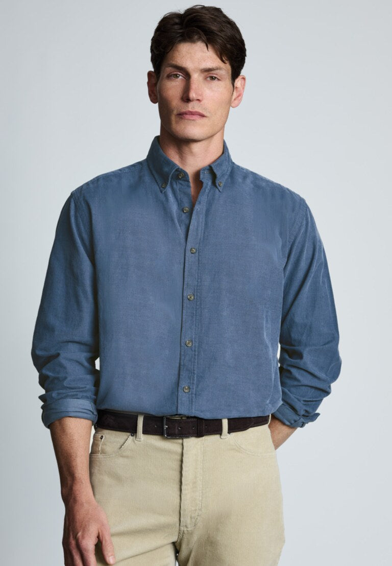 Regular Fit Air Force Blue Cotton Needlecord Shirt