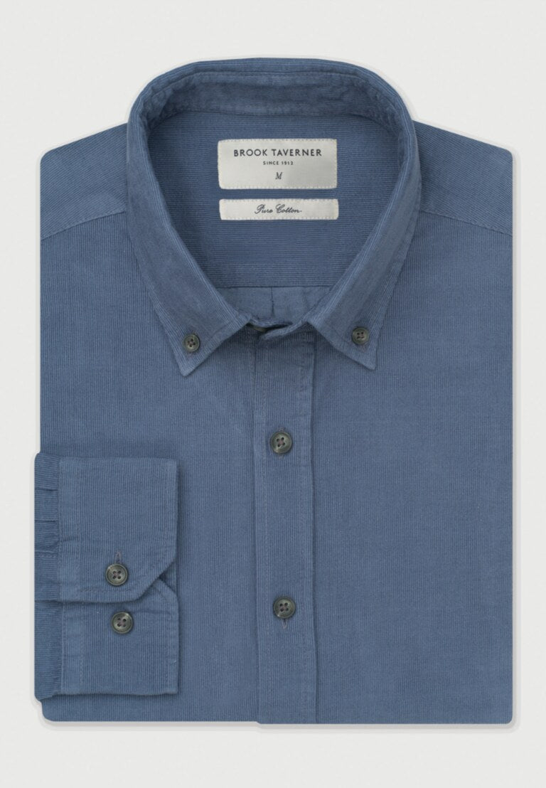 Regular Fit Air Force Blue Cotton Needlecord Shirt