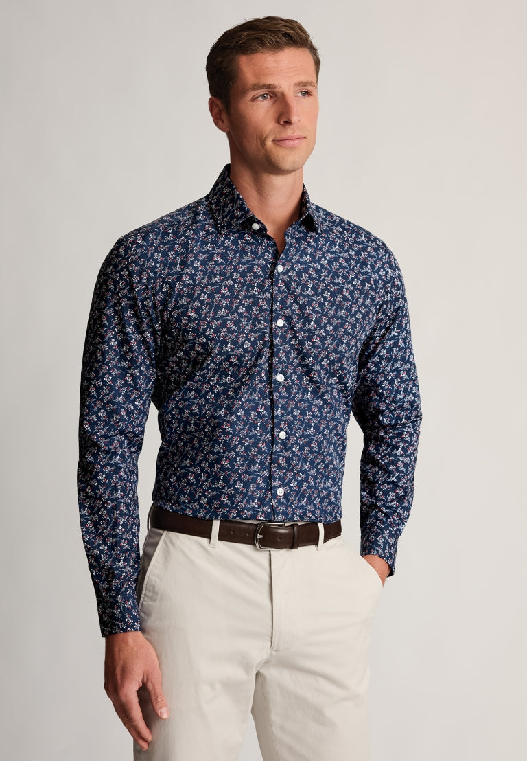 Regular Fit Navy Floral Print Cotton Shirt