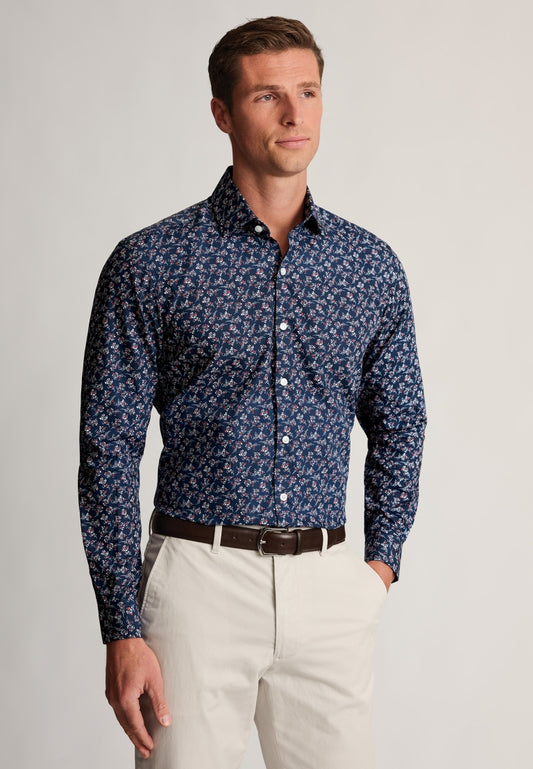 Regular Fit Navy Floral Print Cotton Shirt