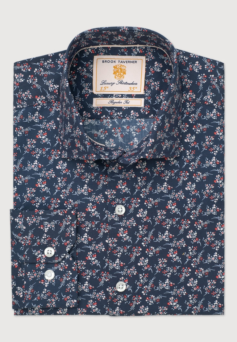 Regular Fit Navy Floral Print Cotton Shirt