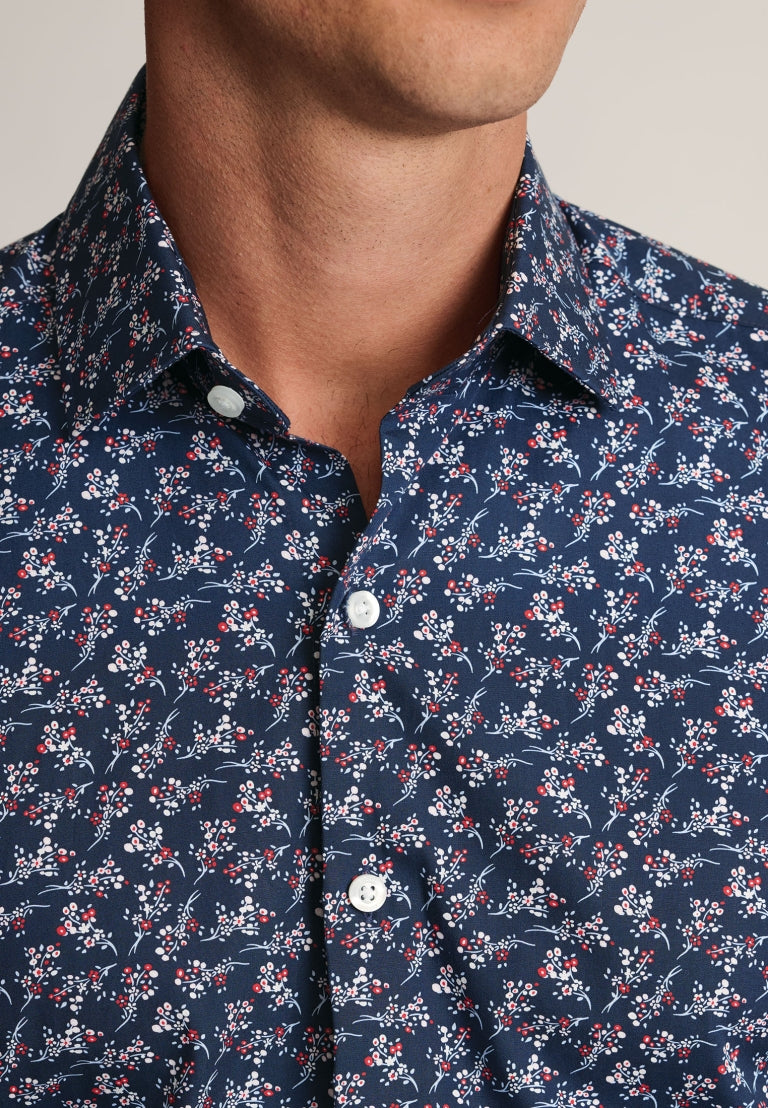 Regular Fit Navy Floral Print Cotton Shirt