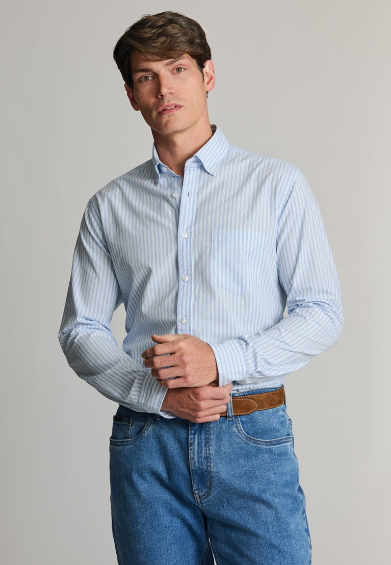 Blue and Mint Stripe Cotton Poplin Shirt