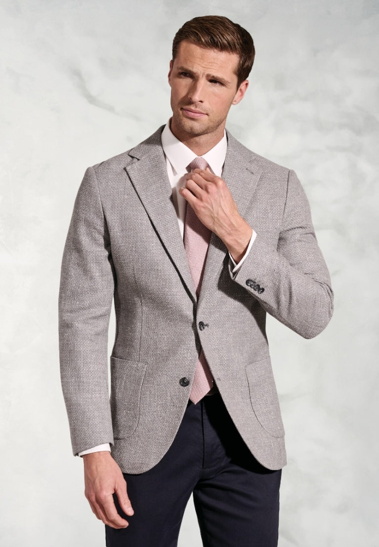Lowe Silver Grey Textured Italian Linen Blend Tailored Fit Jacket